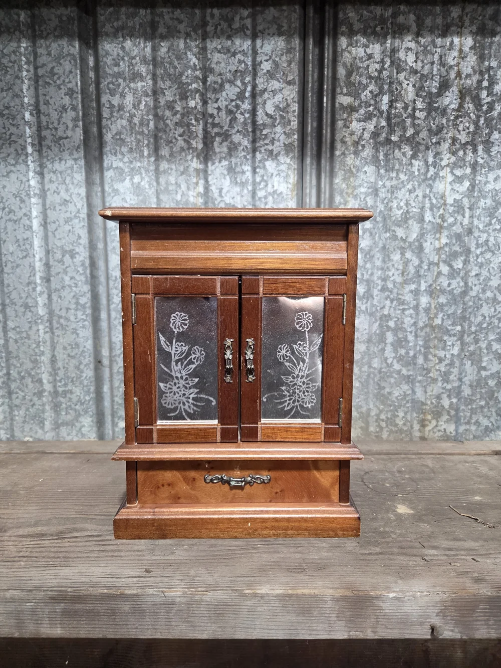 Wooden Jewelry Cabinet with Etched Glass Doors - Brown